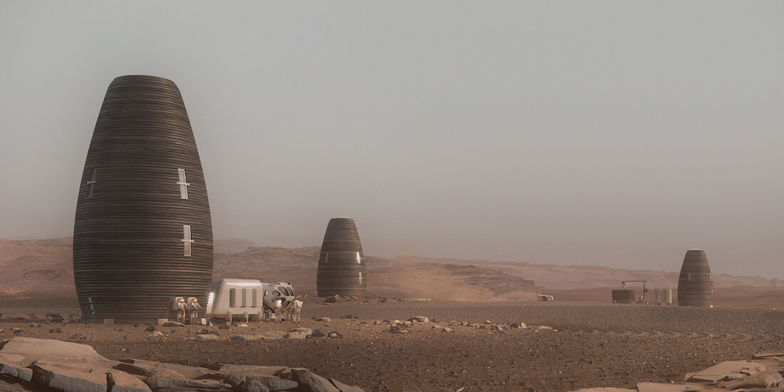 A hypothetical Martian neighborhood of Marsha dwellings. Rendering courtesy of AI SpaceFactory and Plomp. mars habitat ai spacefactory marsha dwellings