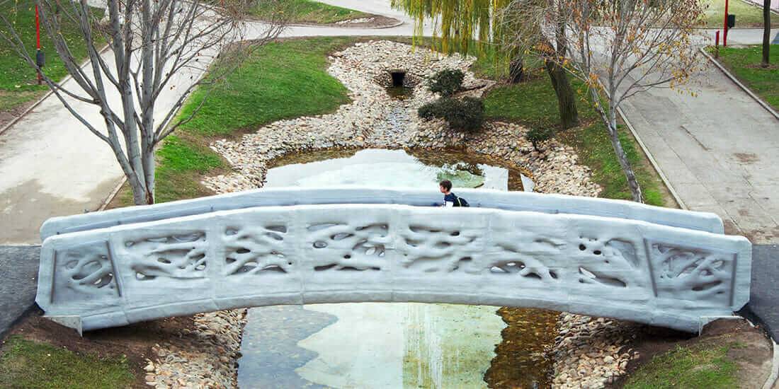 A Gaudí-inspired pedestrian footbridge in Madrid was constructed on-site using commercial 3D printers. Courtesy IAAC – Institute for Advanced Architecture of Catalonia. construction technology 2017 Gaudí-inspired pedestrian footbridge