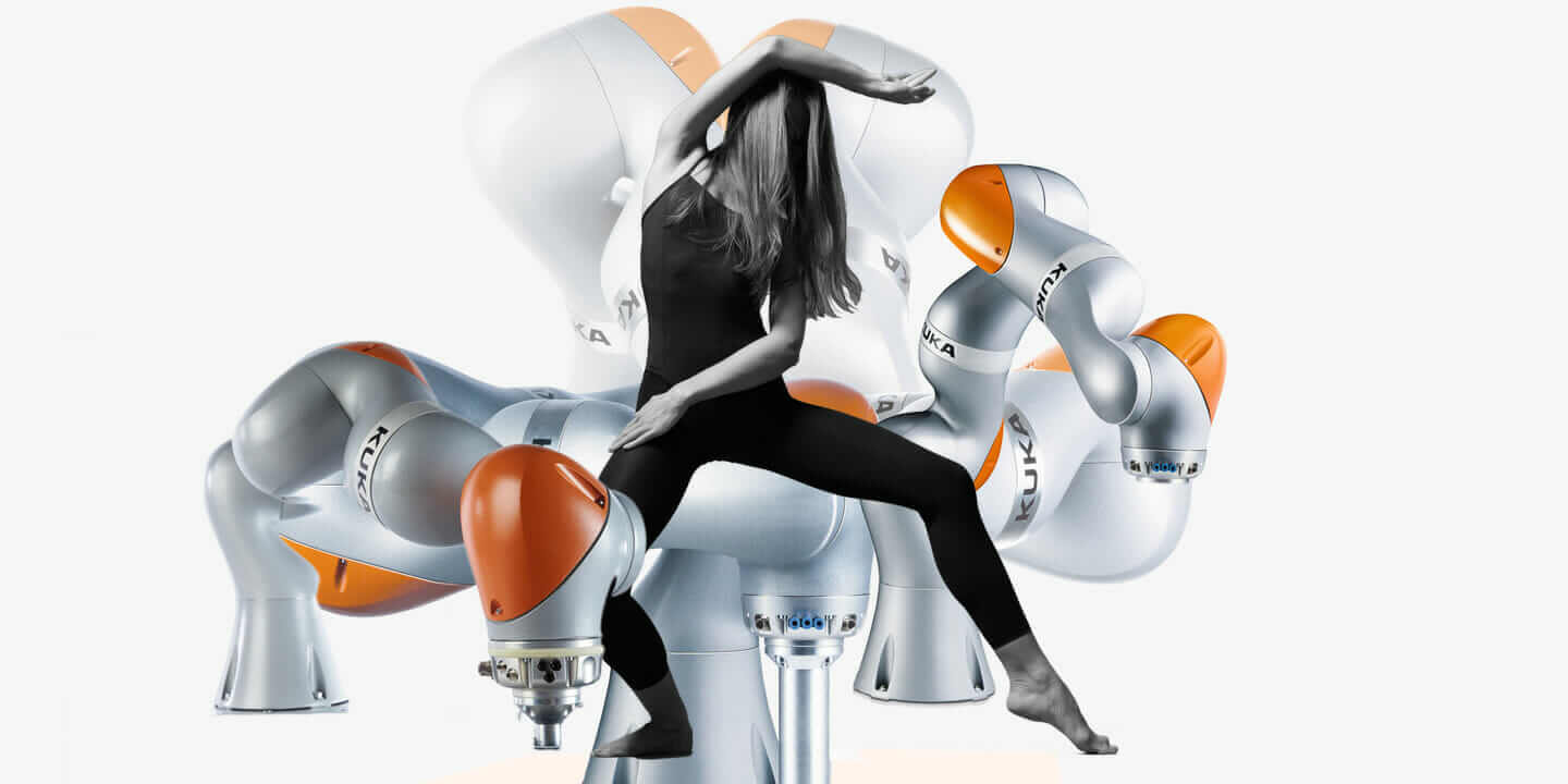 Image composite: MIcke Tong. iiwa image courtesy KUKA. Dancing with robots in Slave/Master installation
