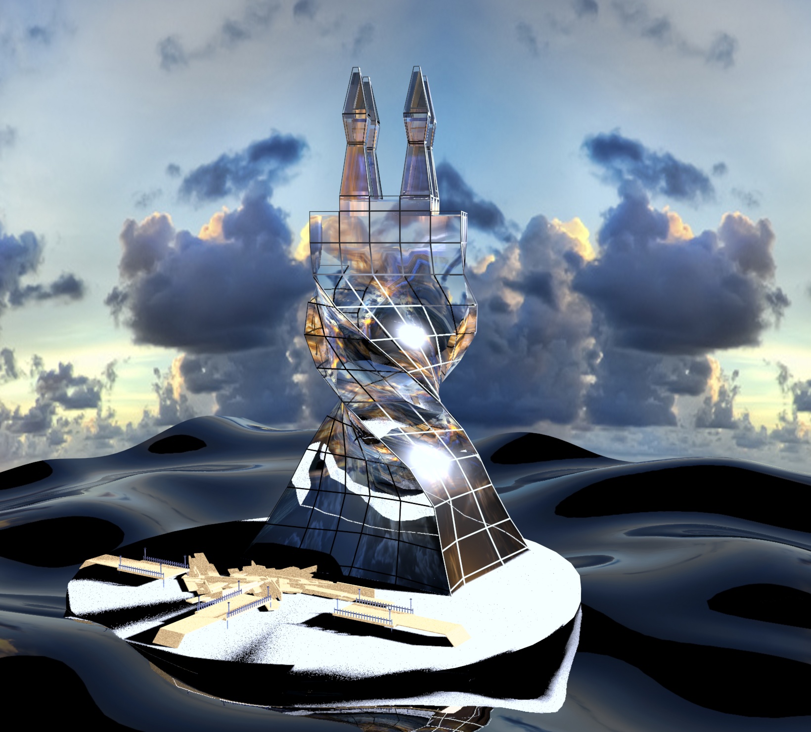Concept of a building built on an island
